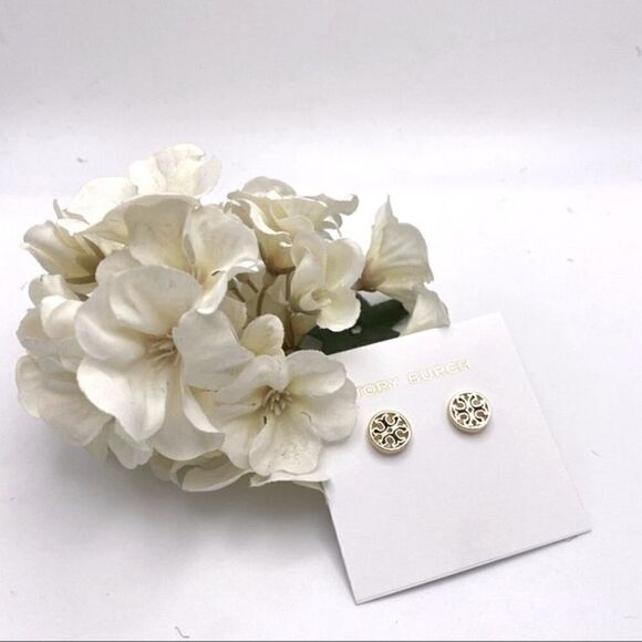 New Tory Burch Gold, Black Outline Round Stud Earrings - Picture 6 of 8